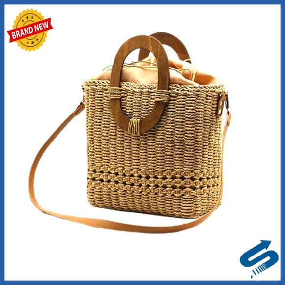 Straw Woven Bucket Bag Crossbody Shoulder Satchel Summer Chic Drawstring Closure